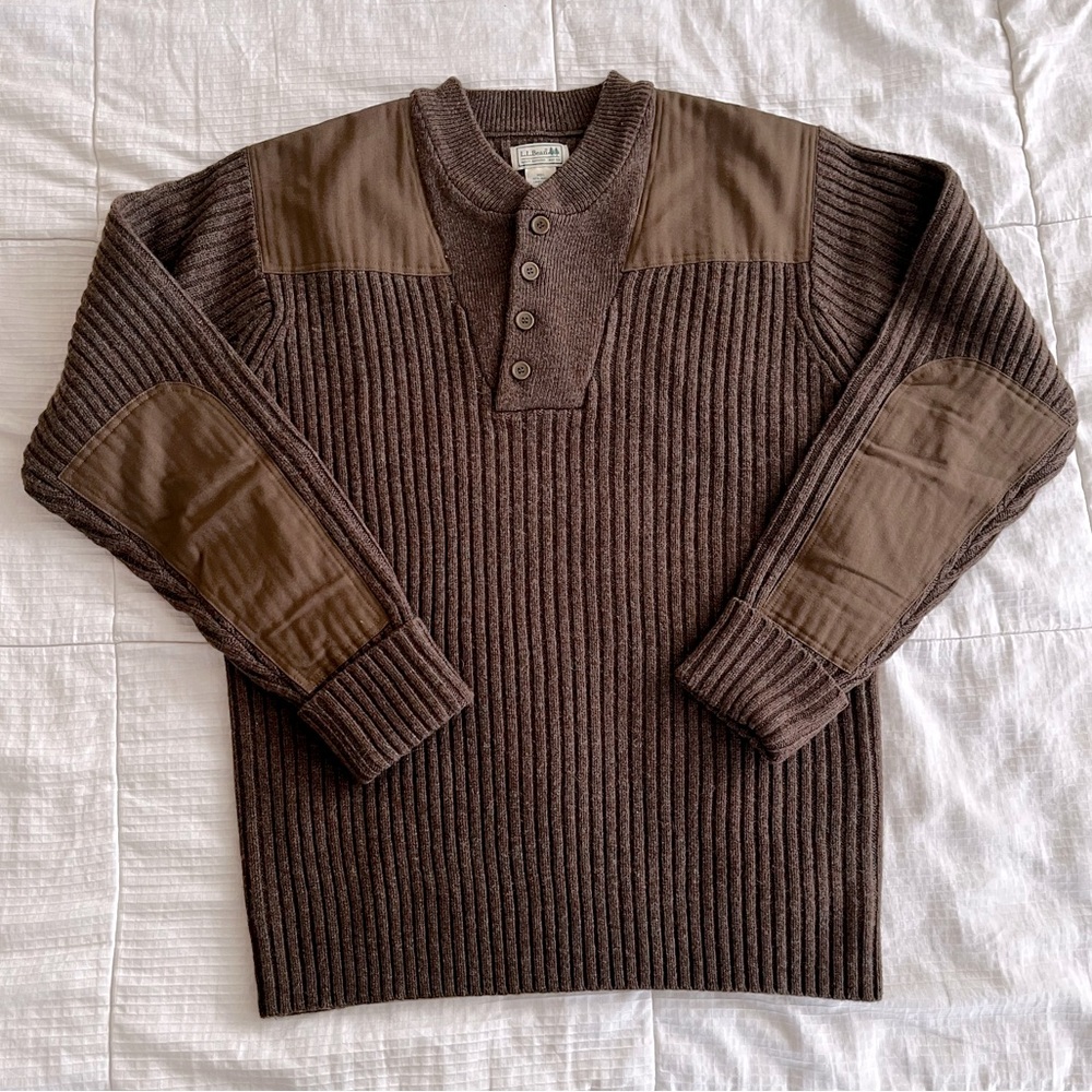 VINTAGE LL Bean Sweater Merino Wool Ribbed Elbows Pads Knit